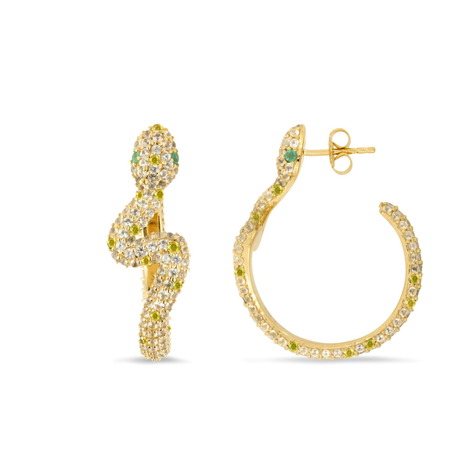 Sarpe Diamond,  Yellow Sapphire & Zambian Emerald Snake Hoop Earrings