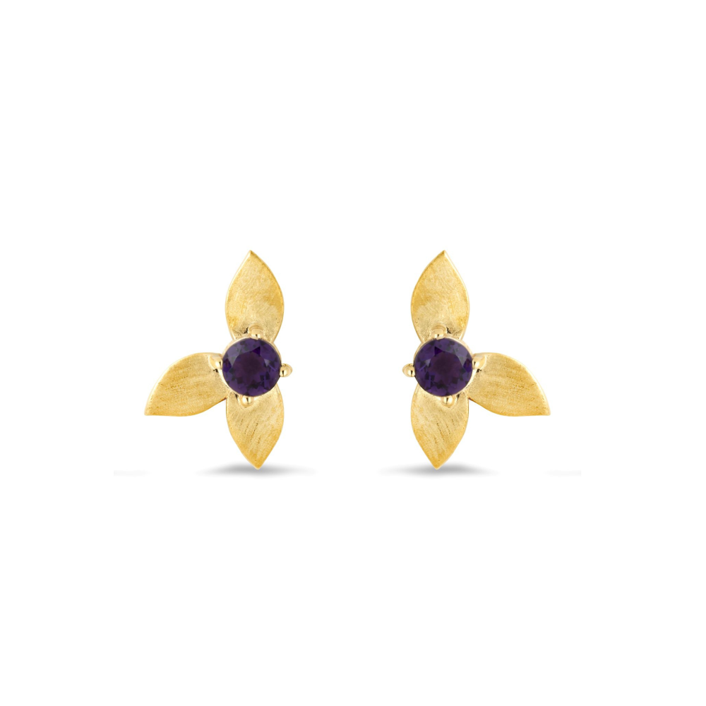 Demeter's Grace African Amethyst Floral Stud Earrings In Matte Finish 10ct Solid Yellow Gold Margot Fox