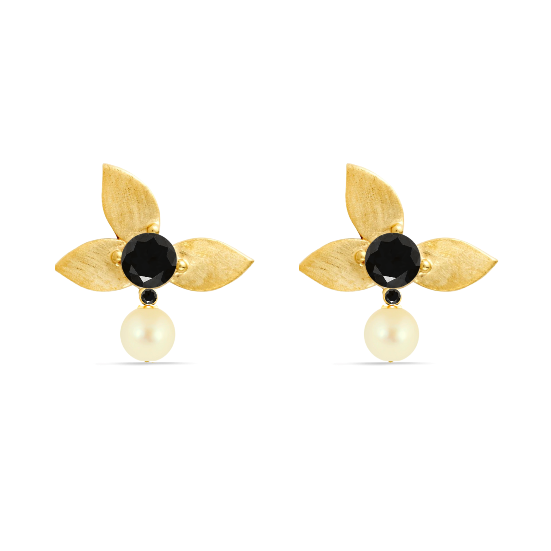 Demeter's Grace Black Diamond, Onyx & Pearl Gold Floral Earrings
