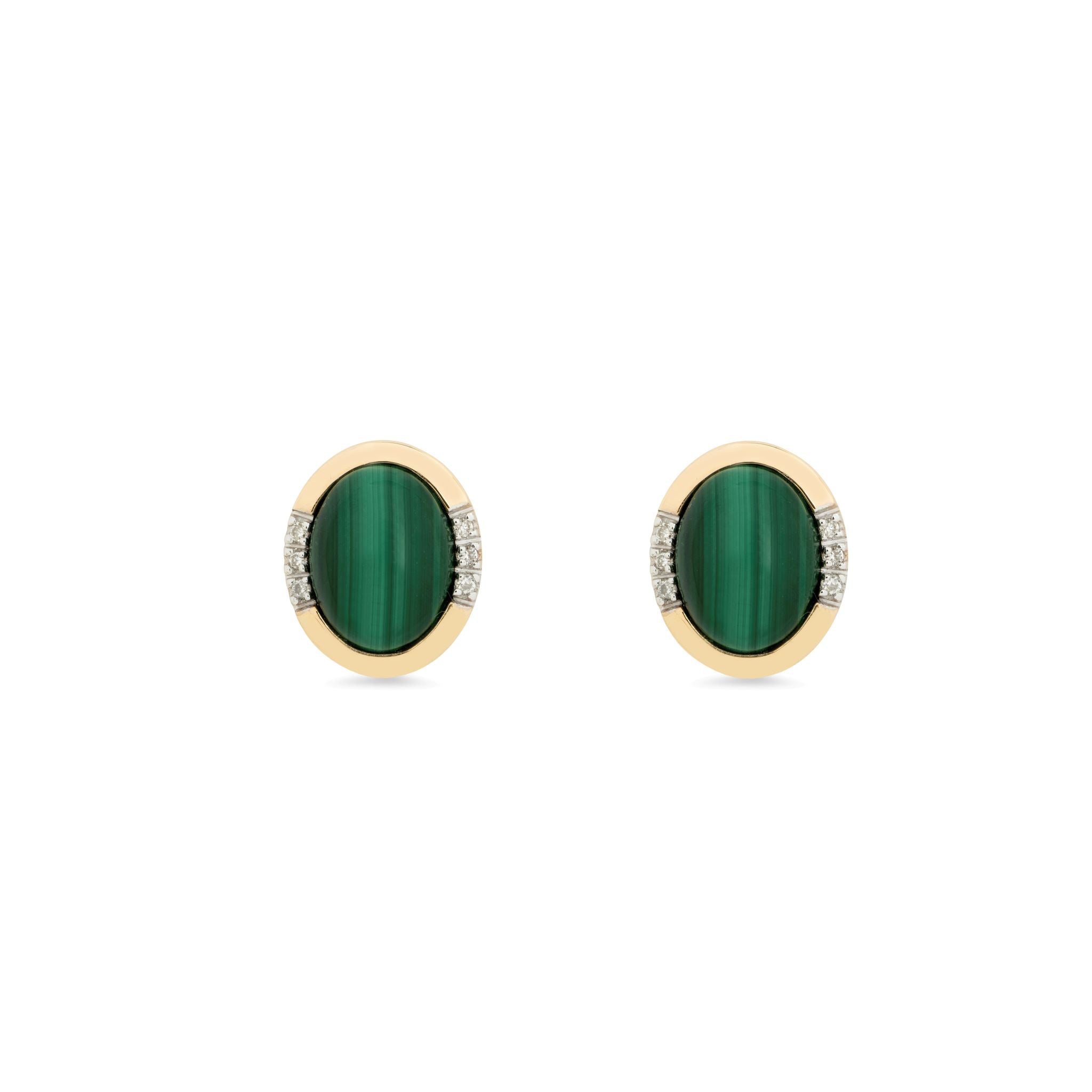 Forever Classic Malachite & Diamonds Oval Stud Earrings In 9ct Gold Margot Fox Jewellery