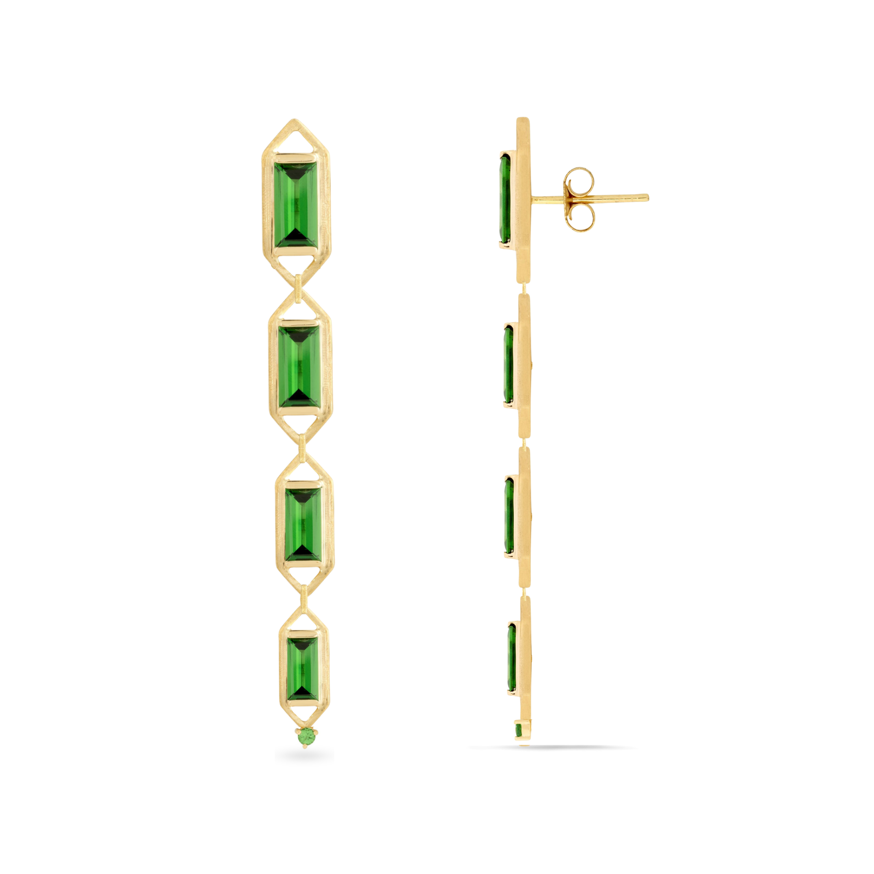 Modern Edge Baguette Tsavorite & Emerald Cocktail Drop Earrings