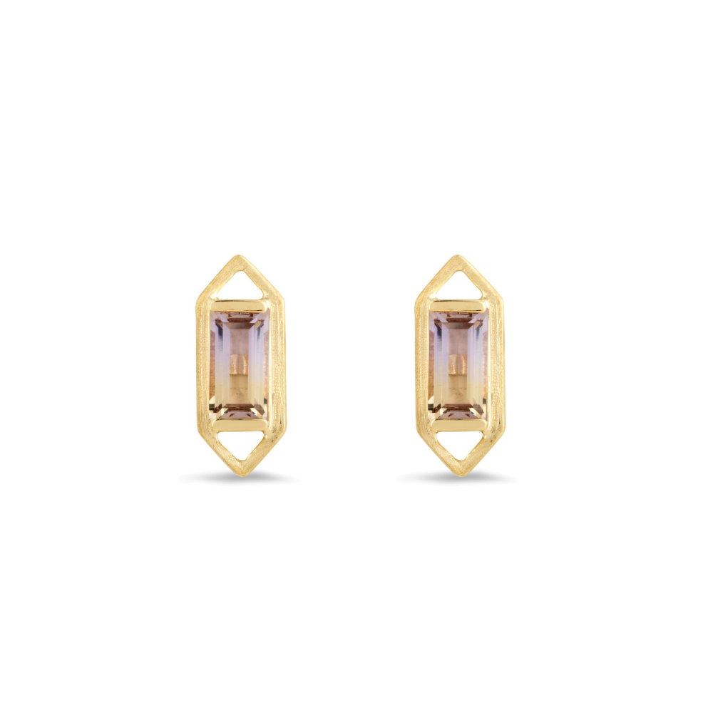 Margot Fox jewellery | Modern Edge Baguette Ametrine Stud Earrings In 10ct Matte Gold