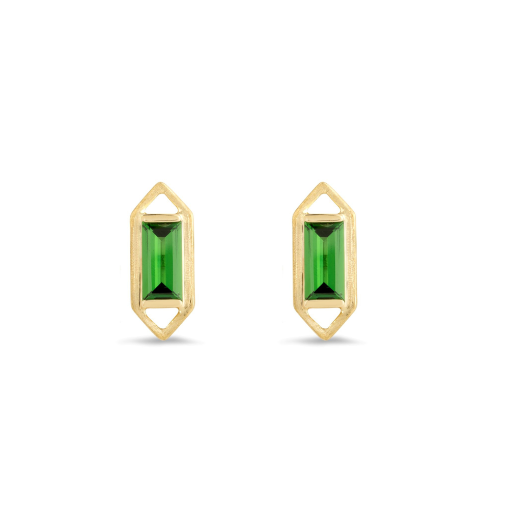 Margot Fox Jewellery | Modern Edge Baguette Tsavorite Geometric Gold Stud Earrings