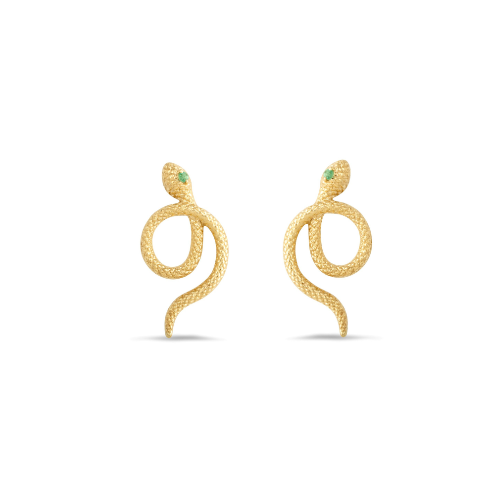 Margot Fox Jewelry | Sarpe Zambian Emerald Snake Stud Earrings In Matte 10ct Solid Gold