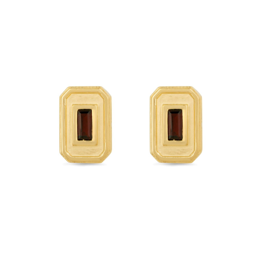Margot Fox Jewellery | CEO's Deco Baguette Garnet Geometric Stud Earrings In Gold Plated Silver