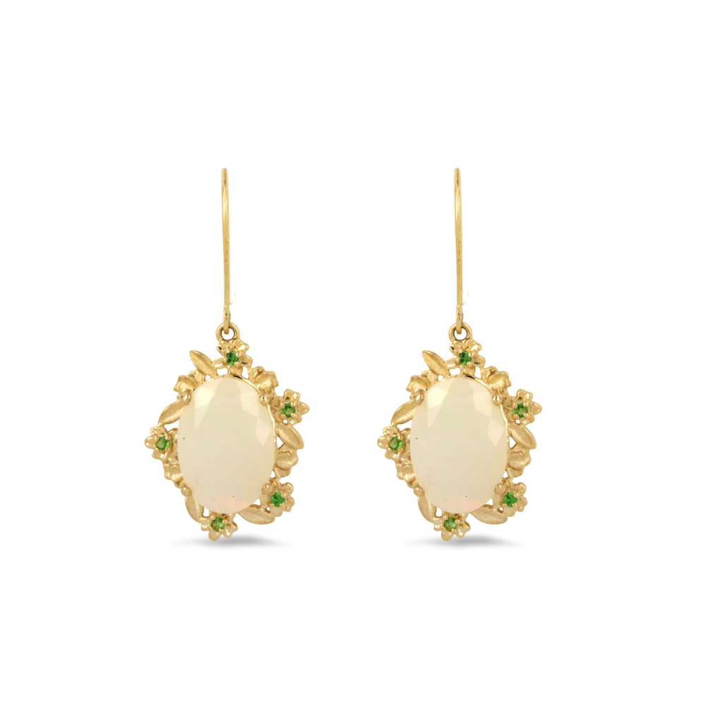 Margot Fox Jewellery | Demeter's Romance Ethiopian Opal & Tsavorite Floral Drop Earrings In 10ct Yellow Gold